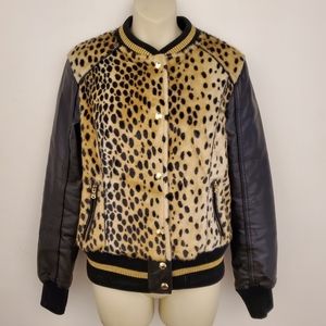 Leopard-Print Faux-Leather Sleeve Bomber Jacket